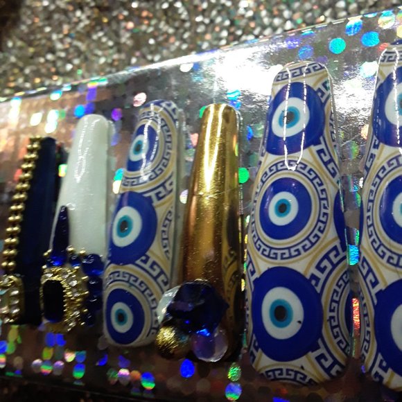 Handmade XXL Coffin Hard Gel "Evil Eye" Theme Greek symbol Press On Nails - Picture 4 of 9